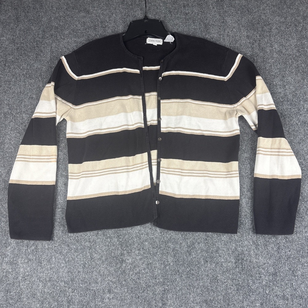 Vintage Jeanne Pierre Cardigan Sweater Black Cream Tan Striped Medium